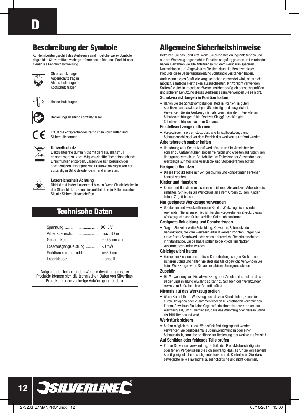 Technische daten, Allgemeine sicherheitshinweise, Beschreibung der symbole | Silverline Rotary Laser Level Kit User Manual | Page 13 / 28