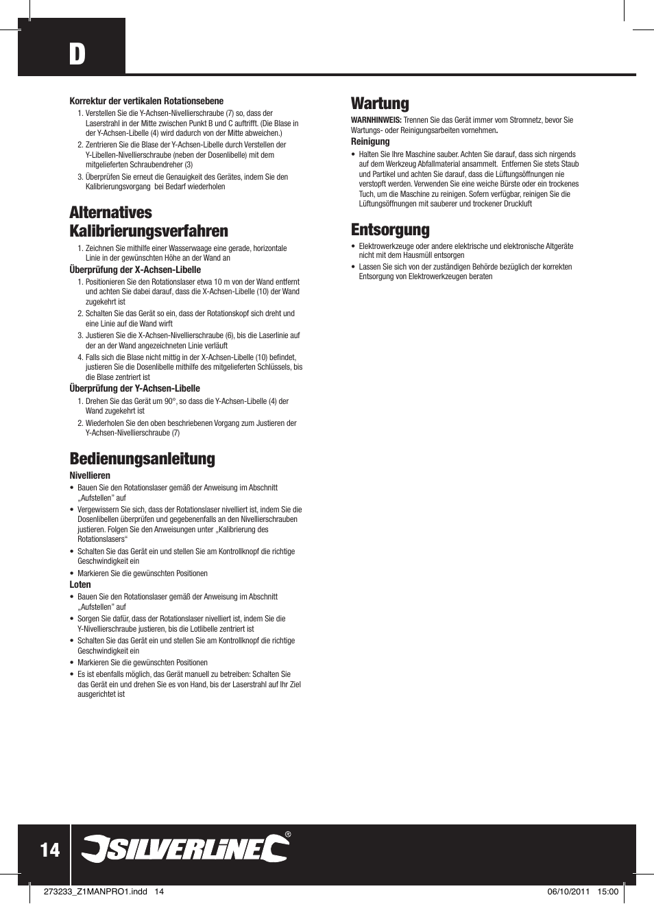 Alternatives kalibrierungsverfahren, Bedienungsanleitung, Wartung | Entsorgung | Silverline Rotary Laser Level Kit User Manual | Page 15 / 28