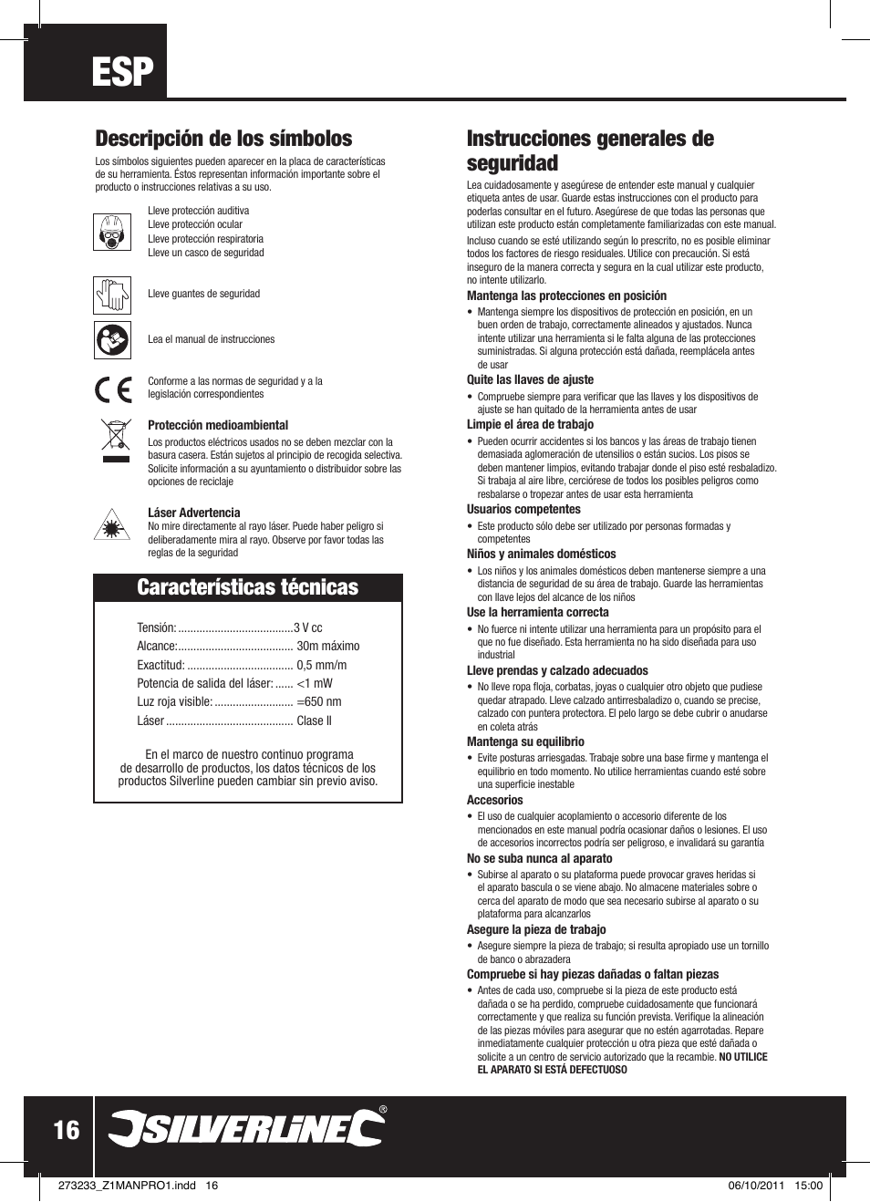 Características técnicas, Instrucciones generales de seguridad, Descripción de los símbolos | Silverline Rotary Laser Level Kit User Manual | Page 17 / 28