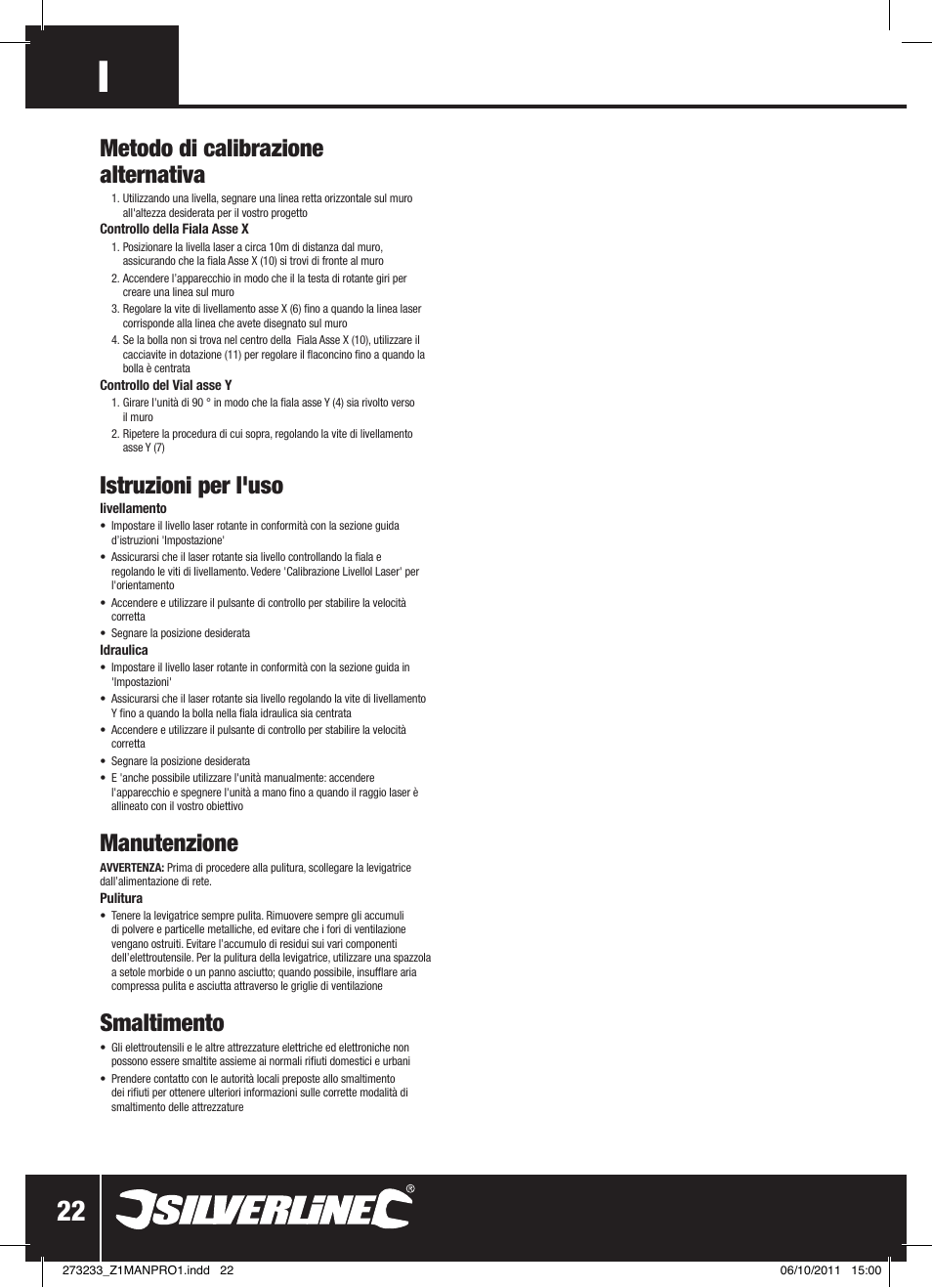 Metodo di calibrazione alternativa, Istruzioni per l'uso, Manutenzione | Smaltimento | Silverline Rotary Laser Level Kit User Manual | Page 23 / 28