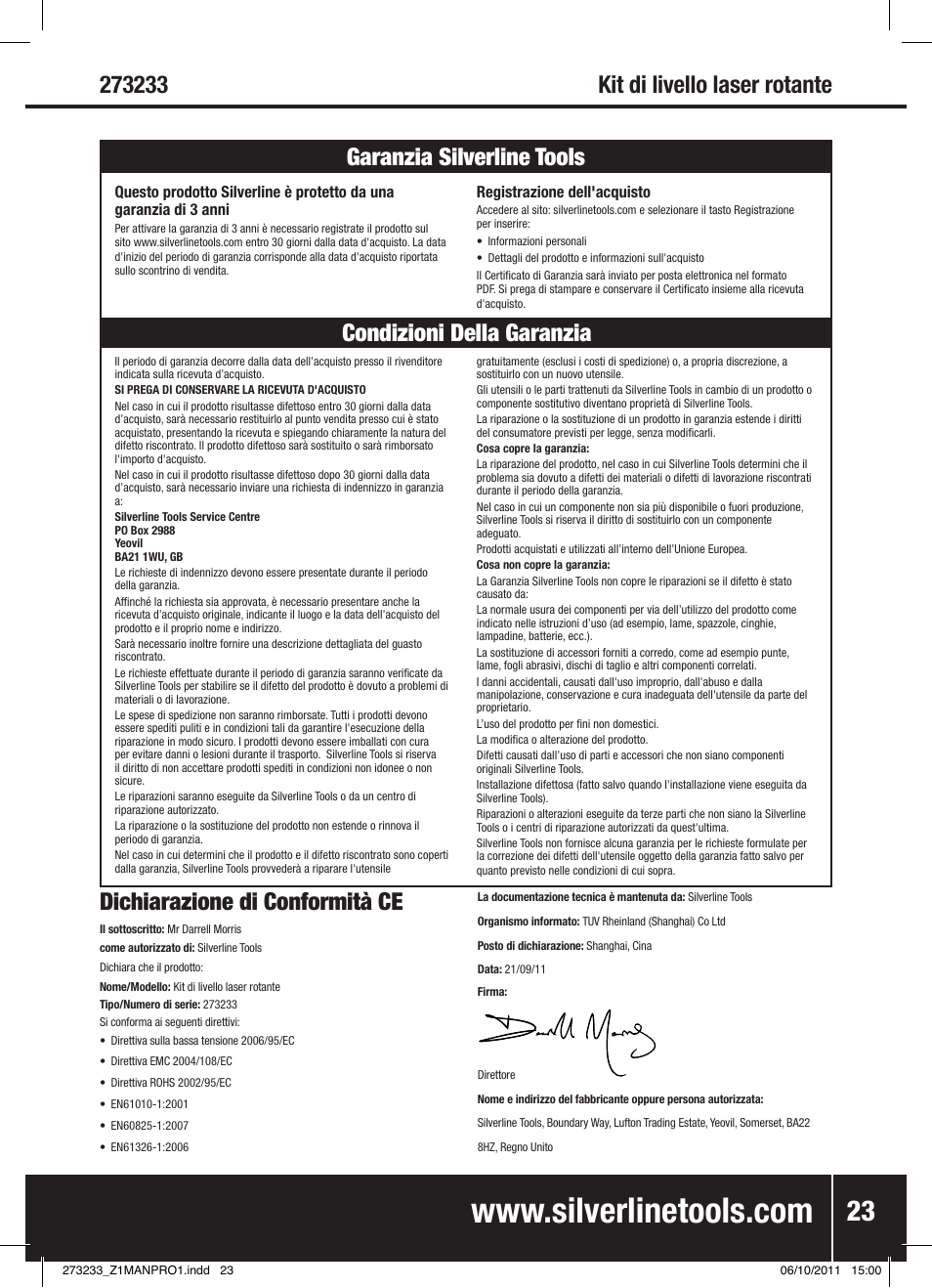 Dichiarazione di conformità ce | Silverline Rotary Laser Level Kit User Manual | Page 24 / 28