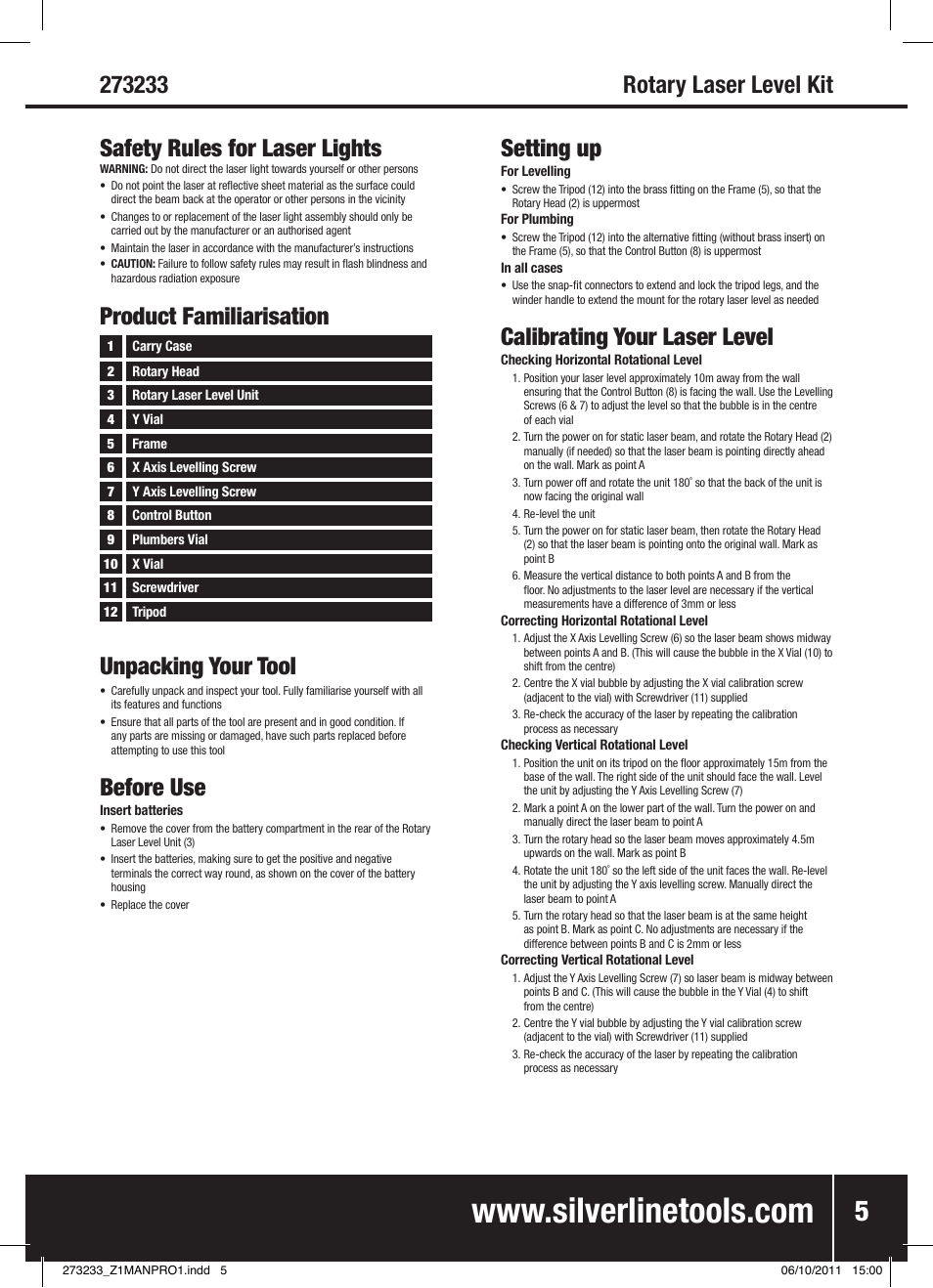 Unpacking your tool, Before use, Product familiarisation | Setting up, Calibrating your laser level | Silverline Rotary Laser Level Kit User Manual | Page 6 / 28