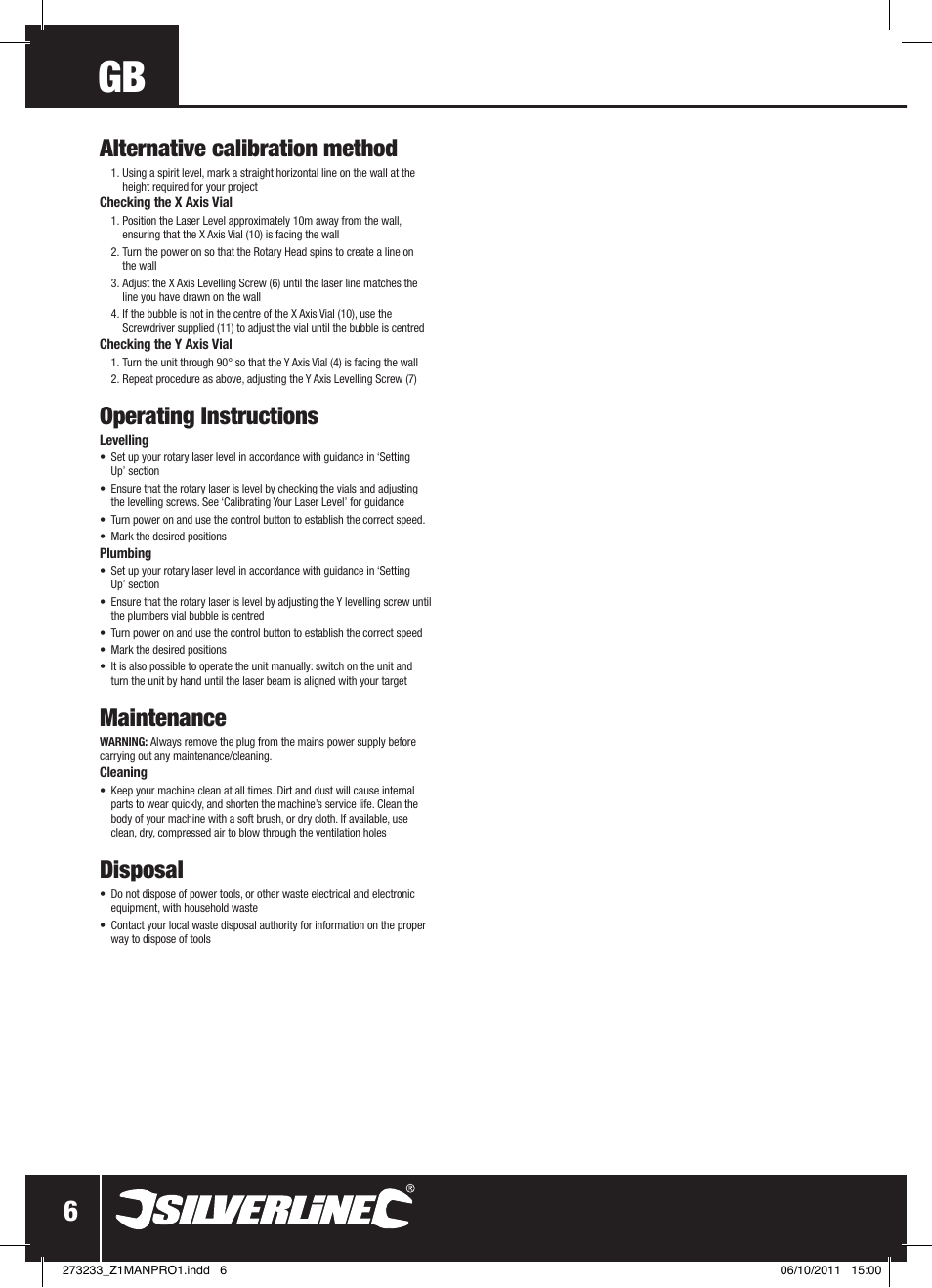 Alternative calibration method, Operating instructions, Maintenance | Disposal | Silverline Rotary Laser Level Kit User Manual | Page 7 / 28