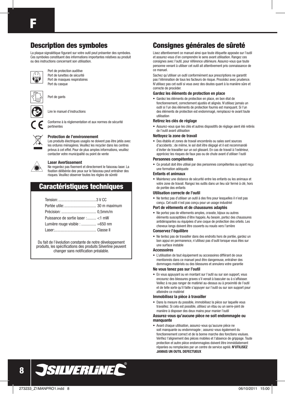 Caractéristiques techniques, Consignes générales de sûreté, Description des symboles | Silverline Rotary Laser Level Kit User Manual | Page 9 / 28