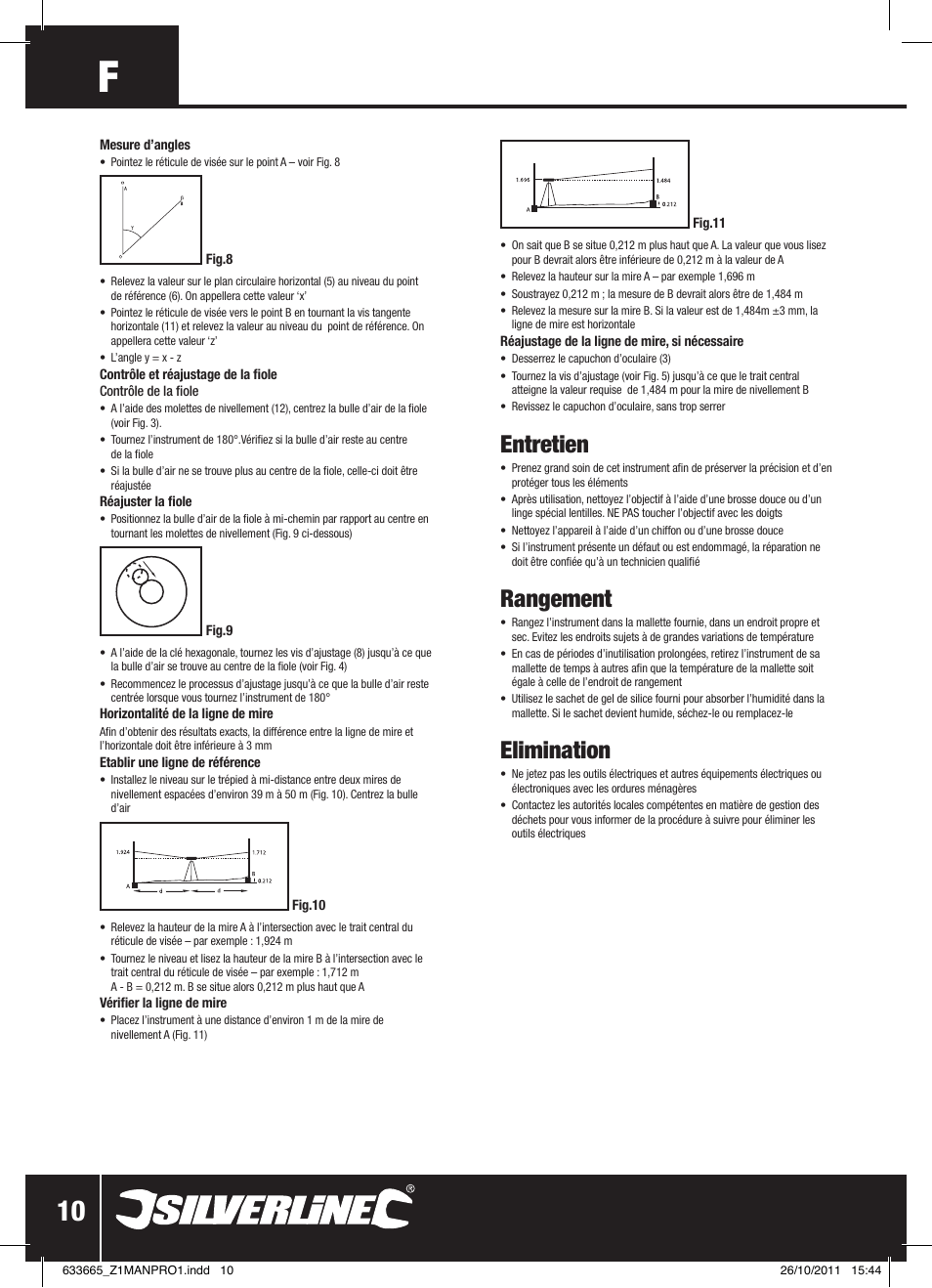 Entretien, Rangement, Elimination | Silverline Automatic Optical Level User Manual | Page 11 / 28