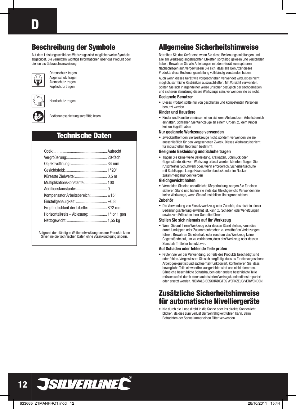 Allgemeine sicherheitshinweise, Technische daten, Beschreibung der symbole | Silverline Automatic Optical Level User Manual | Page 13 / 28