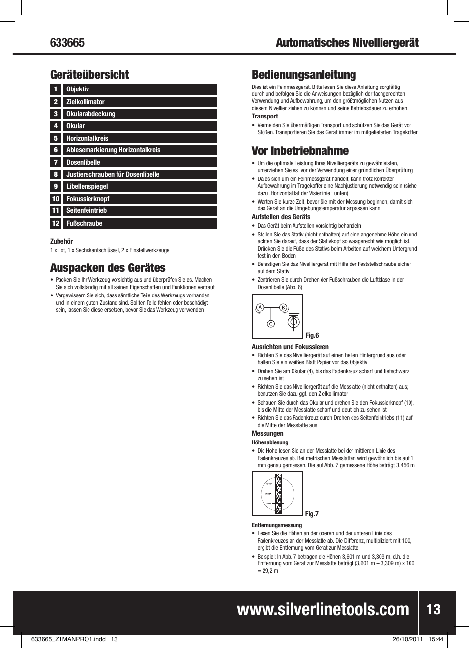 Geräteübersicht, Auspacken des gerätes, Bedienungsanleitung | Vor inbetriebnahme | Silverline Automatic Optical Level User Manual | Page 14 / 28