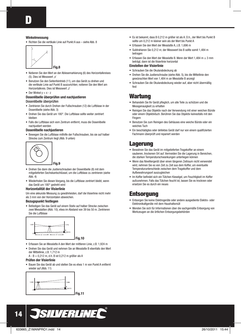 Wartung, Lagerung, Entsorgung | Silverline Automatic Optical Level User Manual | Page 15 / 28