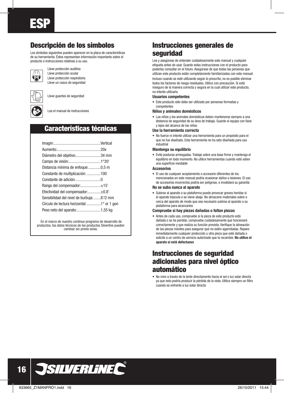 Instrucciones generales de seguridad, Descripción de los símbolos, Características técnicas | Silverline Automatic Optical Level User Manual | Page 17 / 28