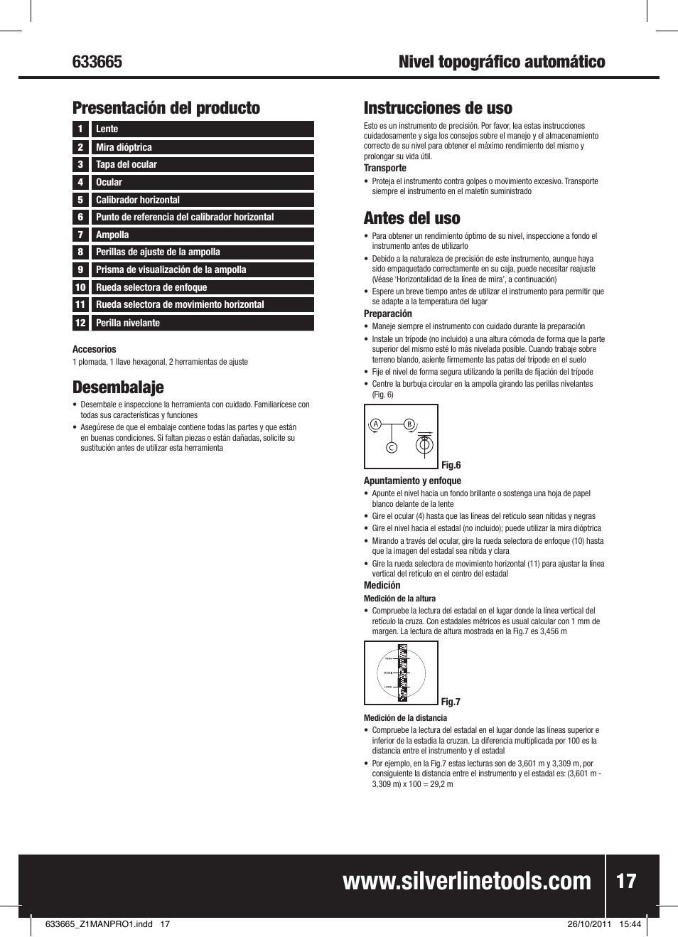Presentación del producto, Desembalaje, Instrucciones de uso | Antes del uso | Silverline Automatic Optical Level User Manual | Page 18 / 28