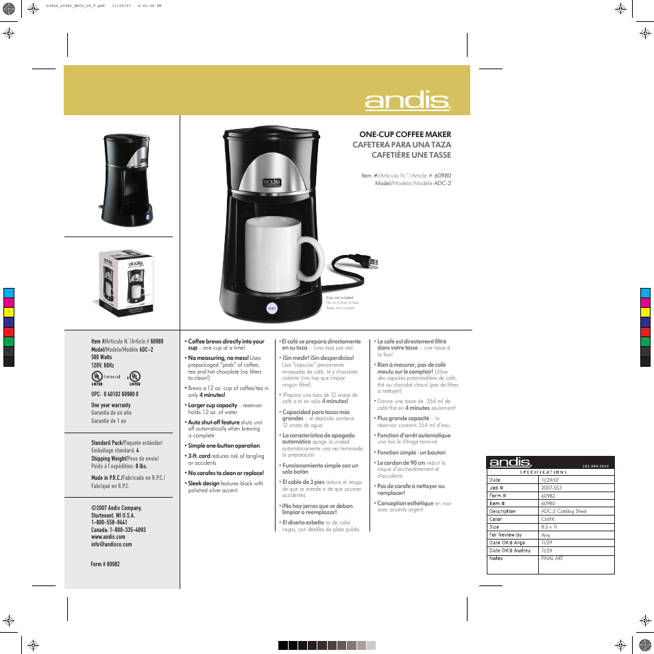Andis Company 60982 User Manual | 1 page