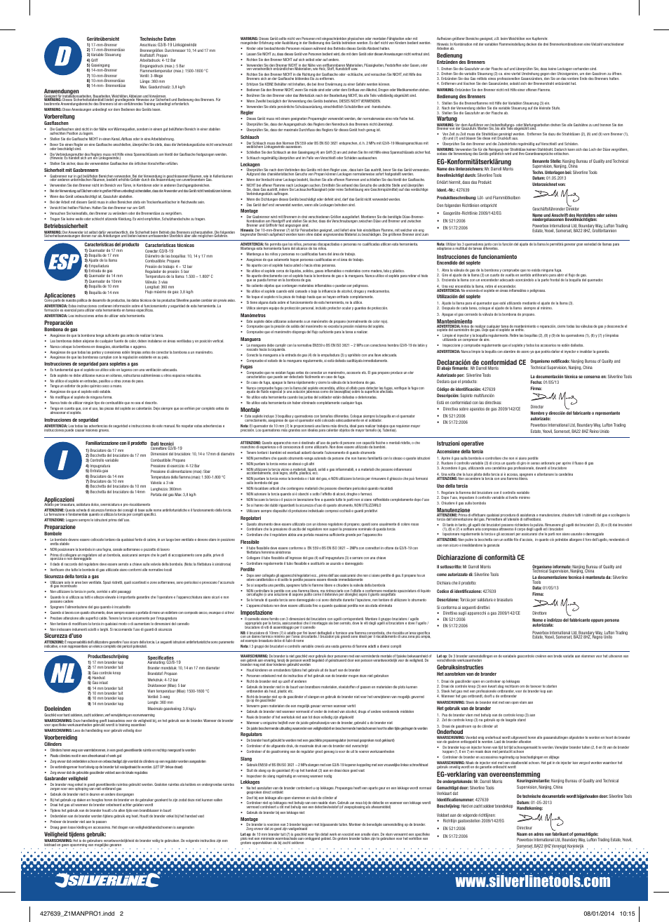 Eg-konformitätserklärung, Declaración de conformidad ce, Dichiarazione di conformità ce | Eg-verklaring van overeenstemming | Silverline Soldering & Brazing Torch User Manual | Page 2 / 2