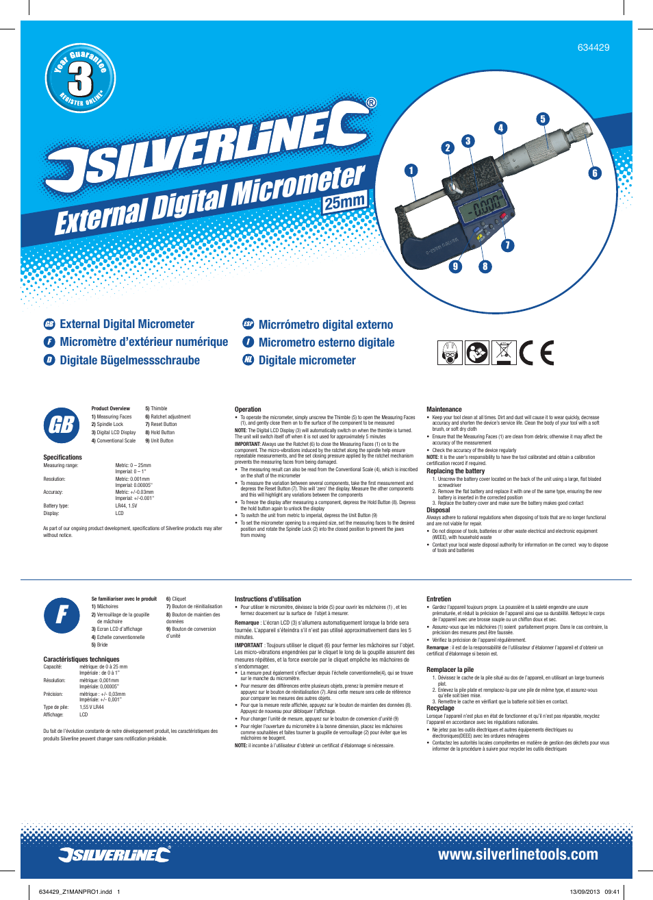 Silverline External Digital Micrometer User Manual | 2 pages