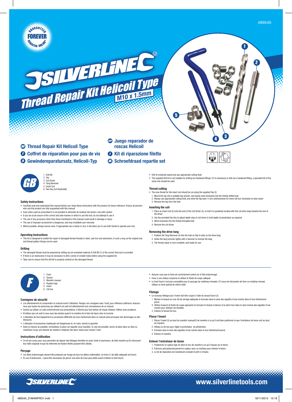 Silverline Thread Repair Kit Helicoil Type User Manual | 2 pages