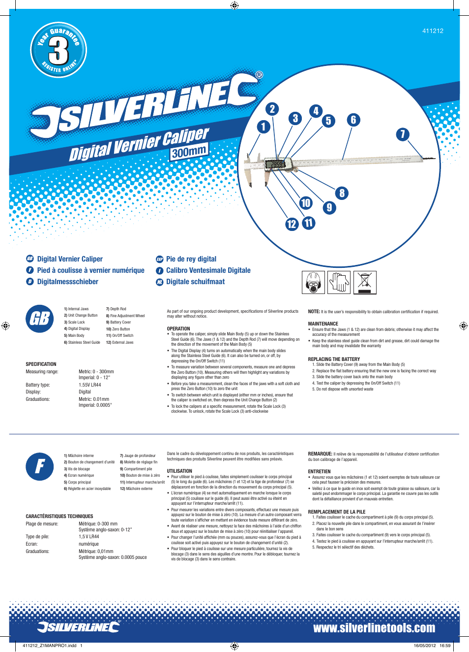 Silverline Digital Vernier Caliper User Manual | 2 pages