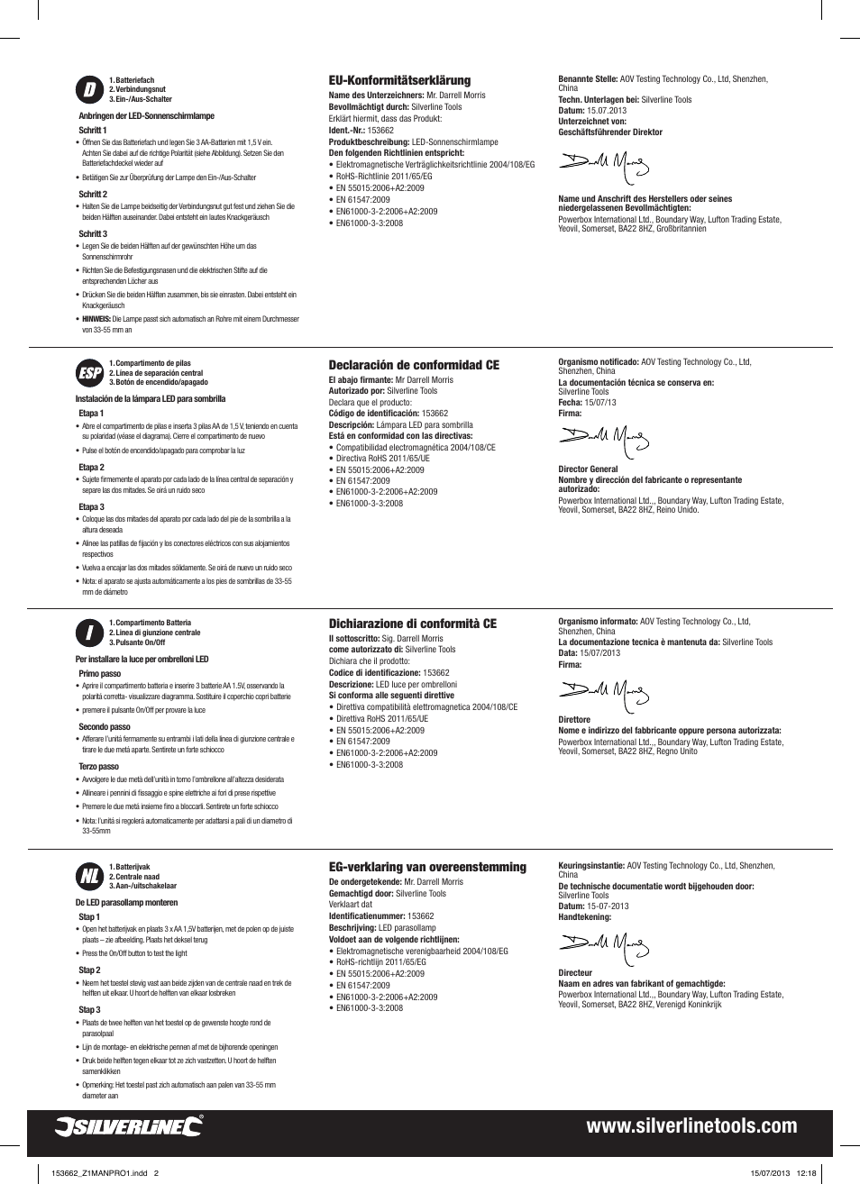 Eu-konformitätserklärung, Dichiarazione di conformità ce, Declaración de conformidad ce | Eg-verklaring van overeenstemming | Silverline Composite Creeper User Manual | Page 2 / 2