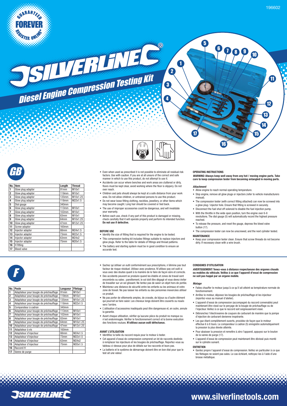 Silverline Diesel Engine Compression Testing Kit 16pce User Manual | 2 pages