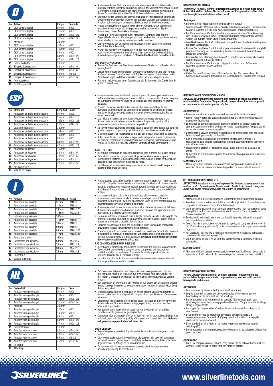 Nl i f, Nl i | Silverline Diesel Engine Compression Testing Kit 16pce User Manual | Page 2 / 2