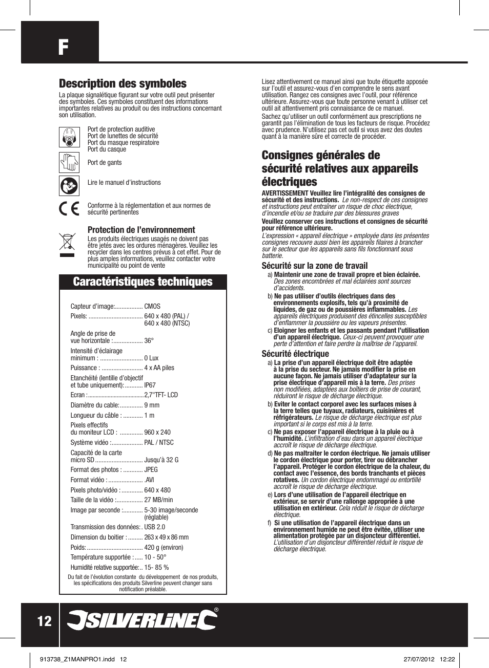 Description des symboles, Caractéristiques techniques | Silverline Video Inspection Camera User Manual | Page 13 / 42