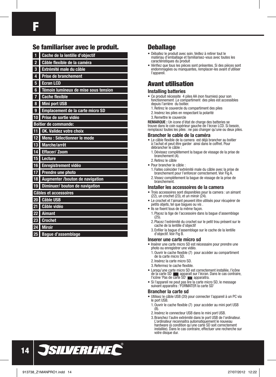 Deballage, Avant utilisation, Se familiariser avec le produit | Silverline Video Inspection Camera User Manual | Page 15 / 42