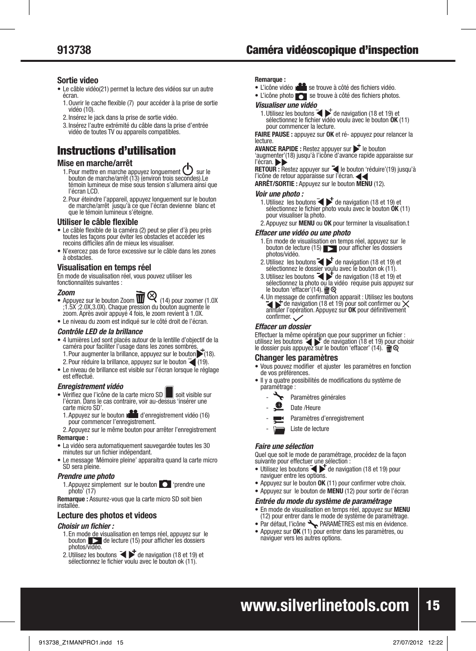 Instructions d’utilisation | Silverline Video Inspection Camera User Manual | Page 16 / 42
