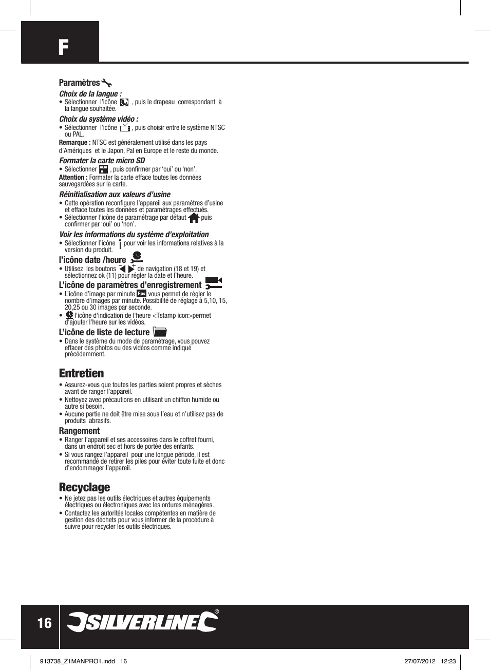 Entretien, Recyclage | Silverline Video Inspection Camera User Manual | Page 17 / 42