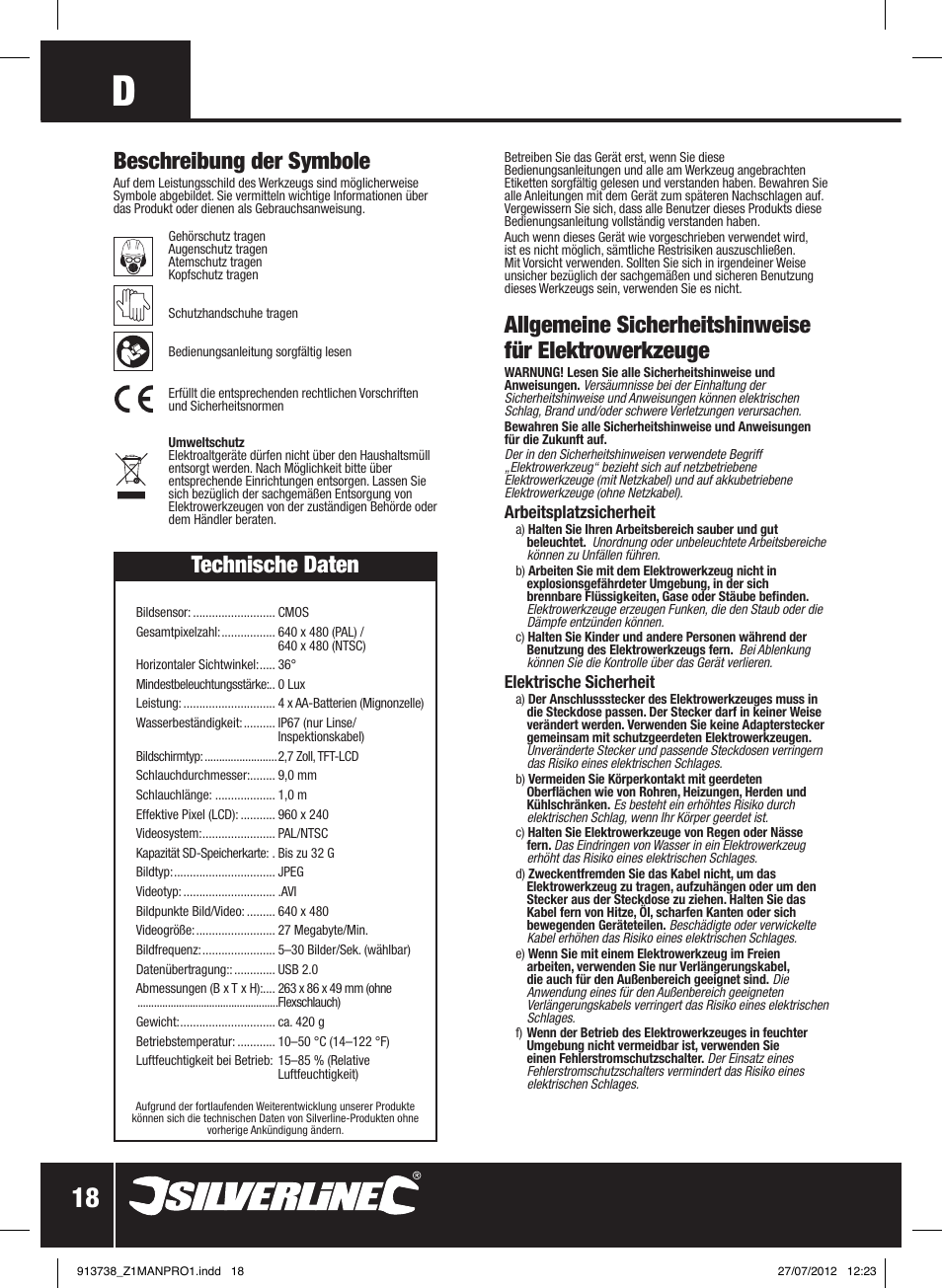 Beschreibung der symbole, Technische daten | Silverline Video Inspection Camera User Manual | Page 19 / 42