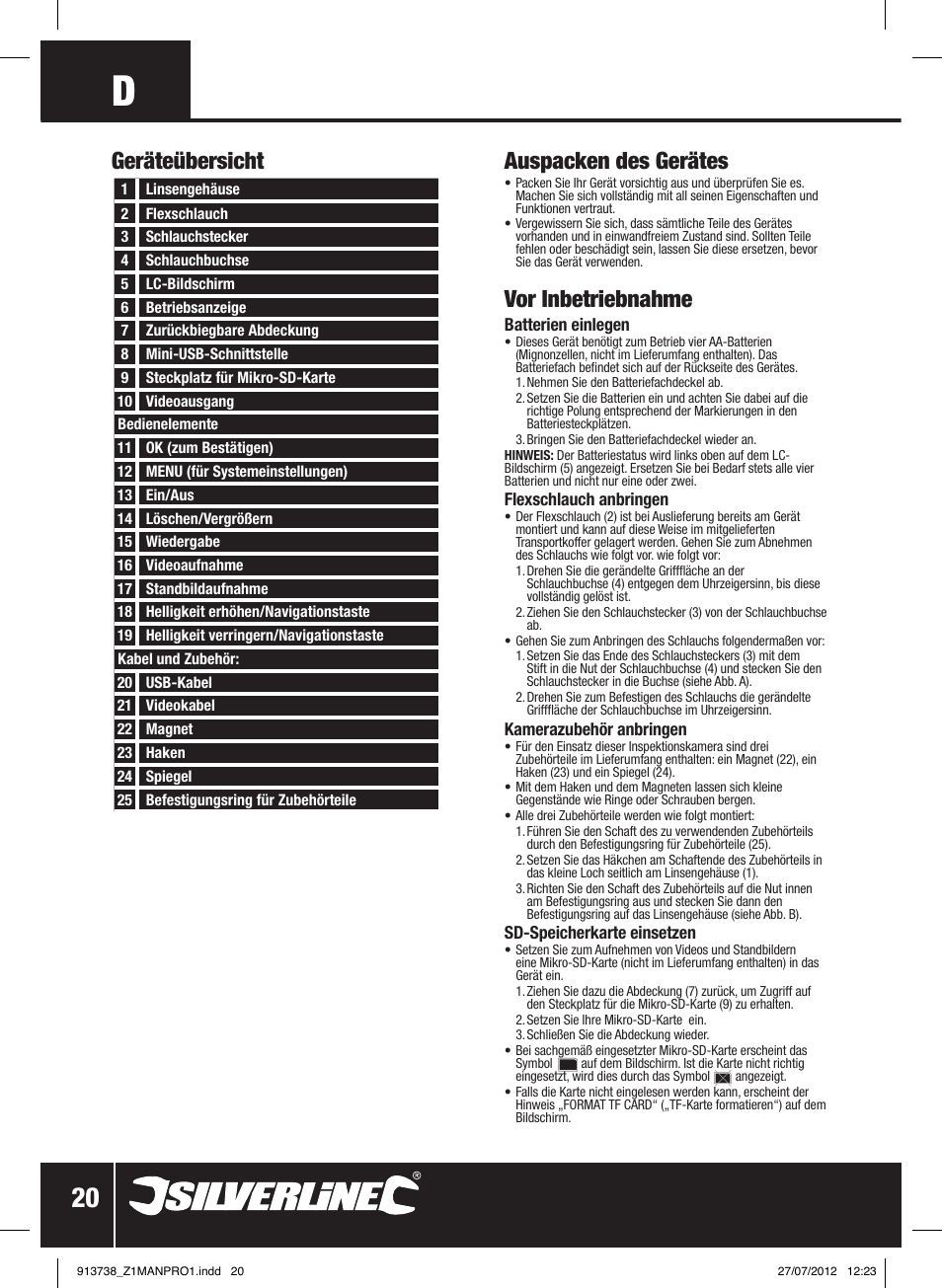 Auspacken des gerätes, Vor inbetriebnahme, Geräteübersicht | Silverline Video Inspection Camera User Manual | Page 21 / 42