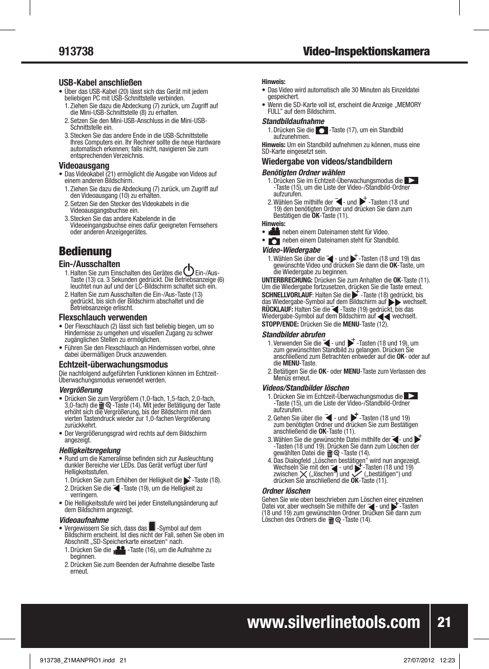 Bedienung | Silverline Video Inspection Camera User Manual | Page 22 / 42
