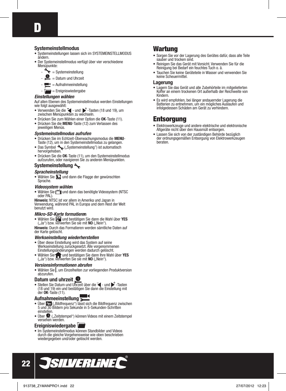 Wartung, Entsorgung | Silverline Video Inspection Camera User Manual | Page 23 / 42