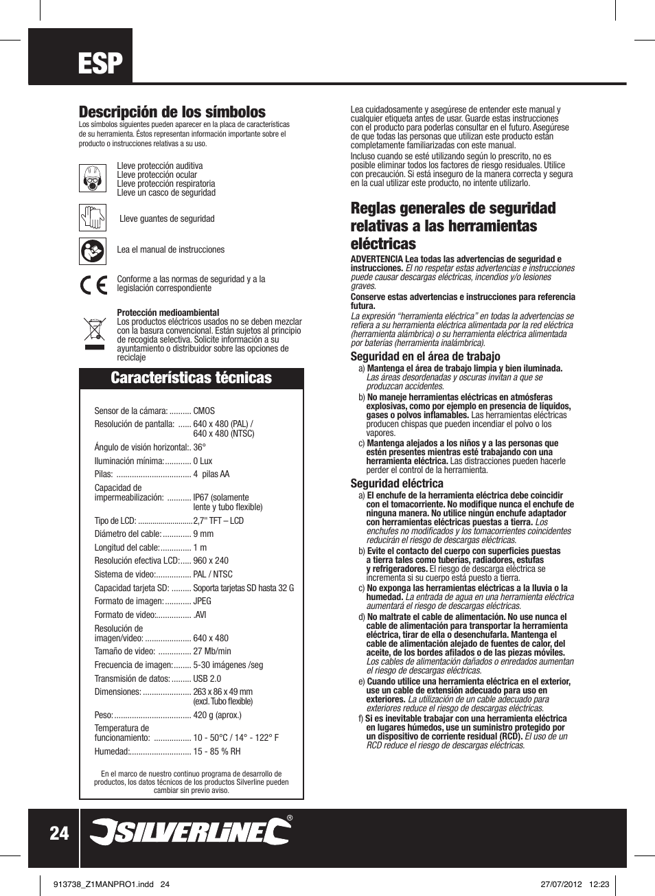 Descripción de los símbolos, Características técnicas | Silverline Video Inspection Camera User Manual | Page 25 / 42