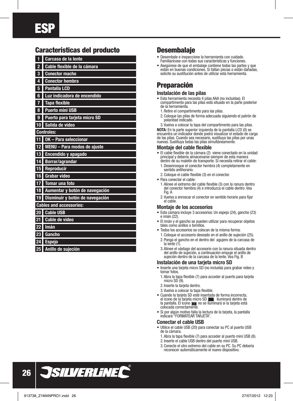 Desembalaje, Preparación, Características del producto | Silverline Video Inspection Camera User Manual | Page 27 / 42