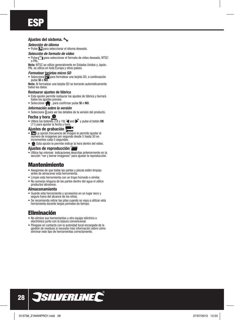 Mantenimiento, Eliminación | Silverline Video Inspection Camera User Manual | Page 29 / 42