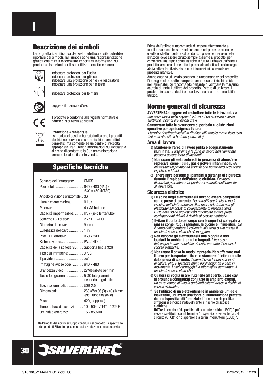 Norme generali di sicurezza, Descrizione dei simboli, Specifiche tecniche | Silverline Video Inspection Camera User Manual | Page 31 / 42