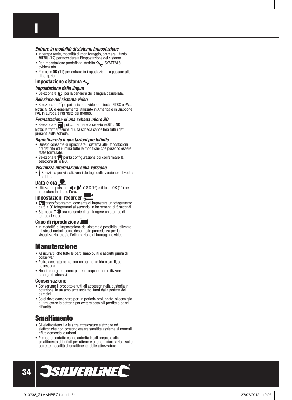 Manutenzione, Smaltimento | Silverline Video Inspection Camera User Manual | Page 35 / 42