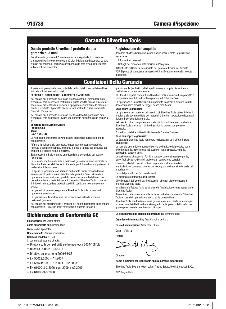 Dichiarazione di conformità ce | Silverline Video Inspection Camera User Manual | Page 36 / 42