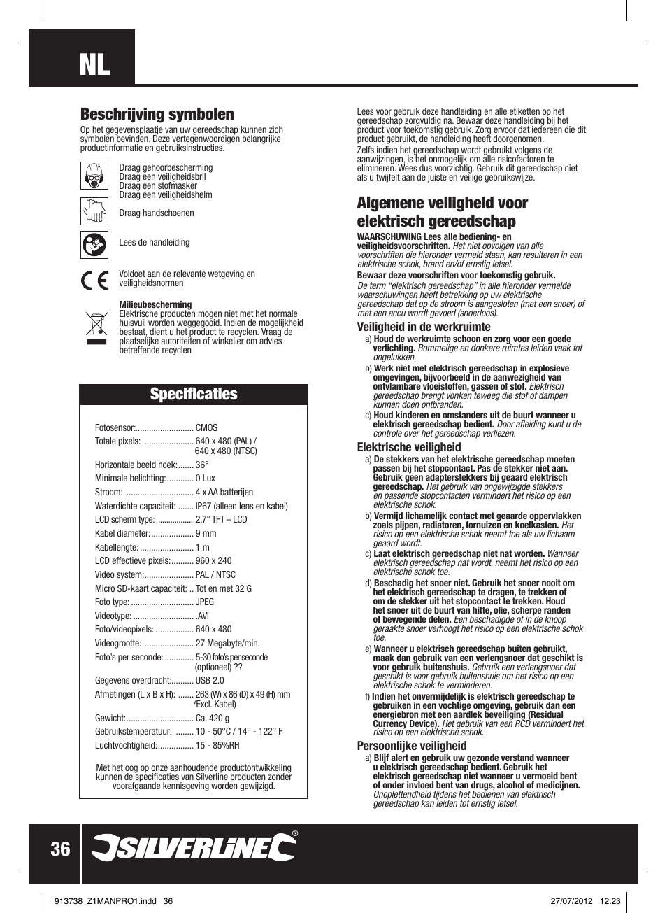 Algemene veiligheid voor elektrisch gereedschap, Beschrijving symbolen, Specificaties | Silverline Video Inspection Camera User Manual | Page 37 / 42