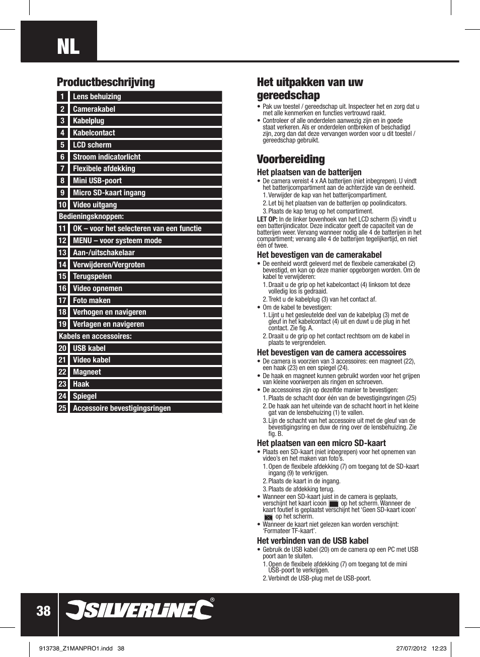 Het uitpakken van uw gereedschap, Voorbereiding, Productbeschrijving | Silverline Video Inspection Camera User Manual | Page 39 / 42