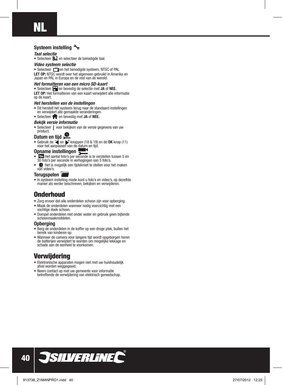 Onderhoud, Verwijdering | Silverline Video Inspection Camera User Manual | Page 41 / 42