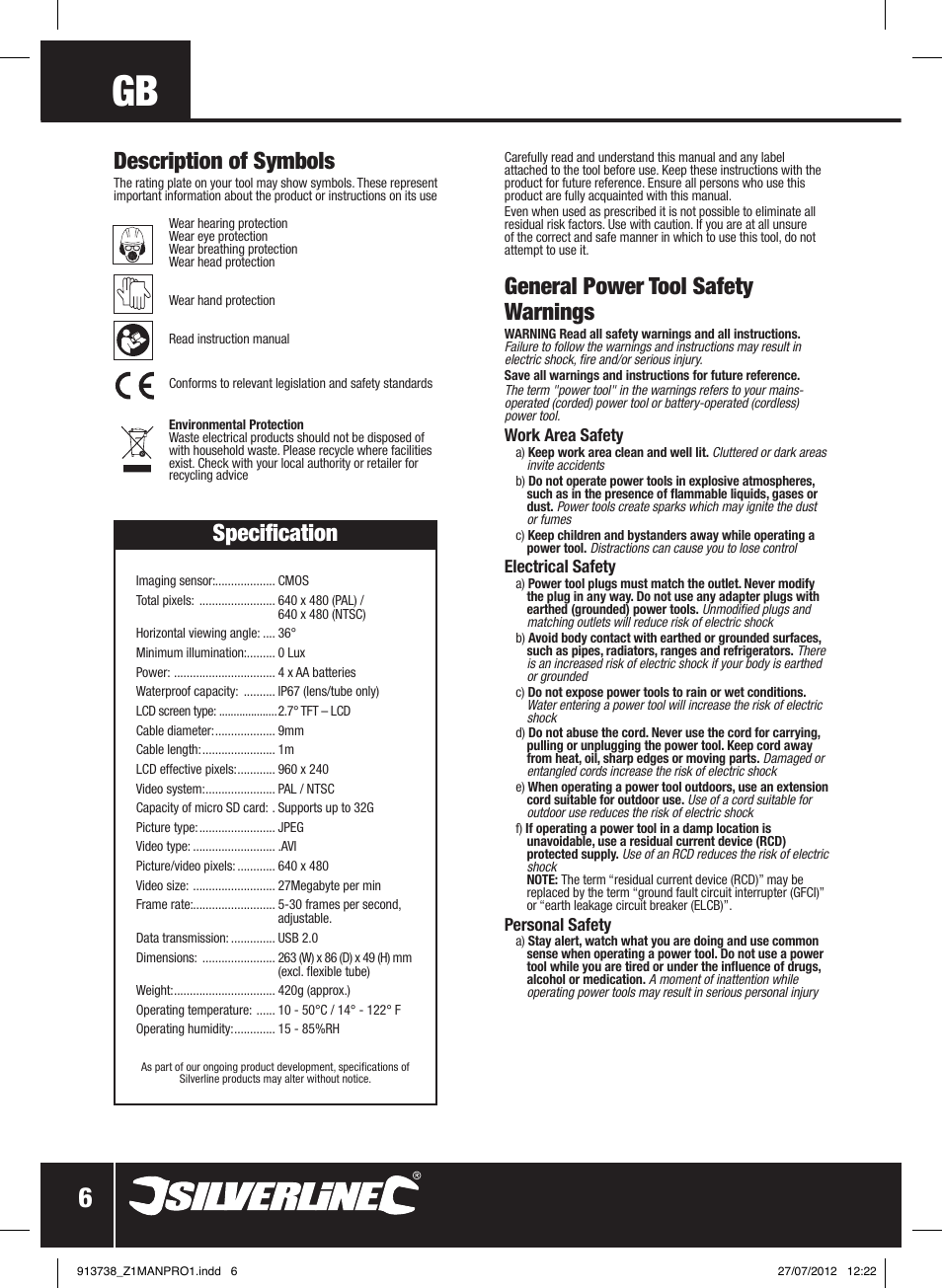 General power tool safety warnings, Description of symbols, Specification | Silverline Video Inspection Camera User Manual | Page 7 / 42