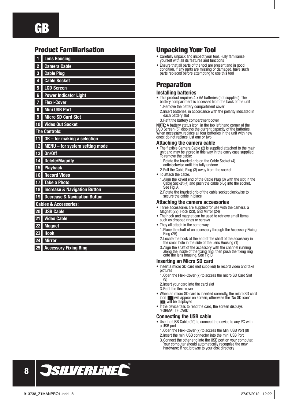 Product familiarisation unpacking your tool, Preparation | Silverline Video Inspection Camera User Manual | Page 9 / 42