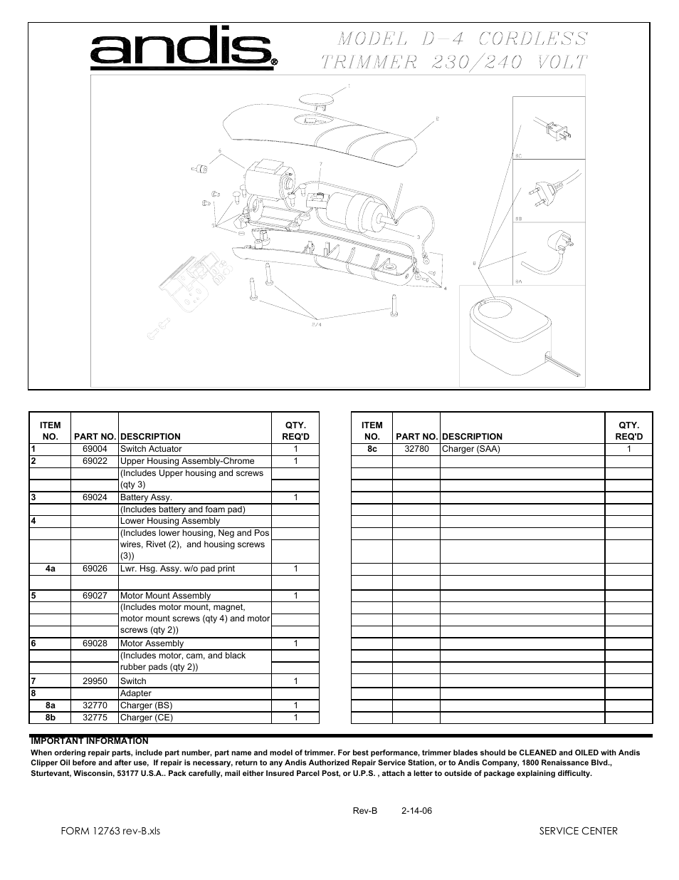 Andis Company D-4 User Manual | 1 page