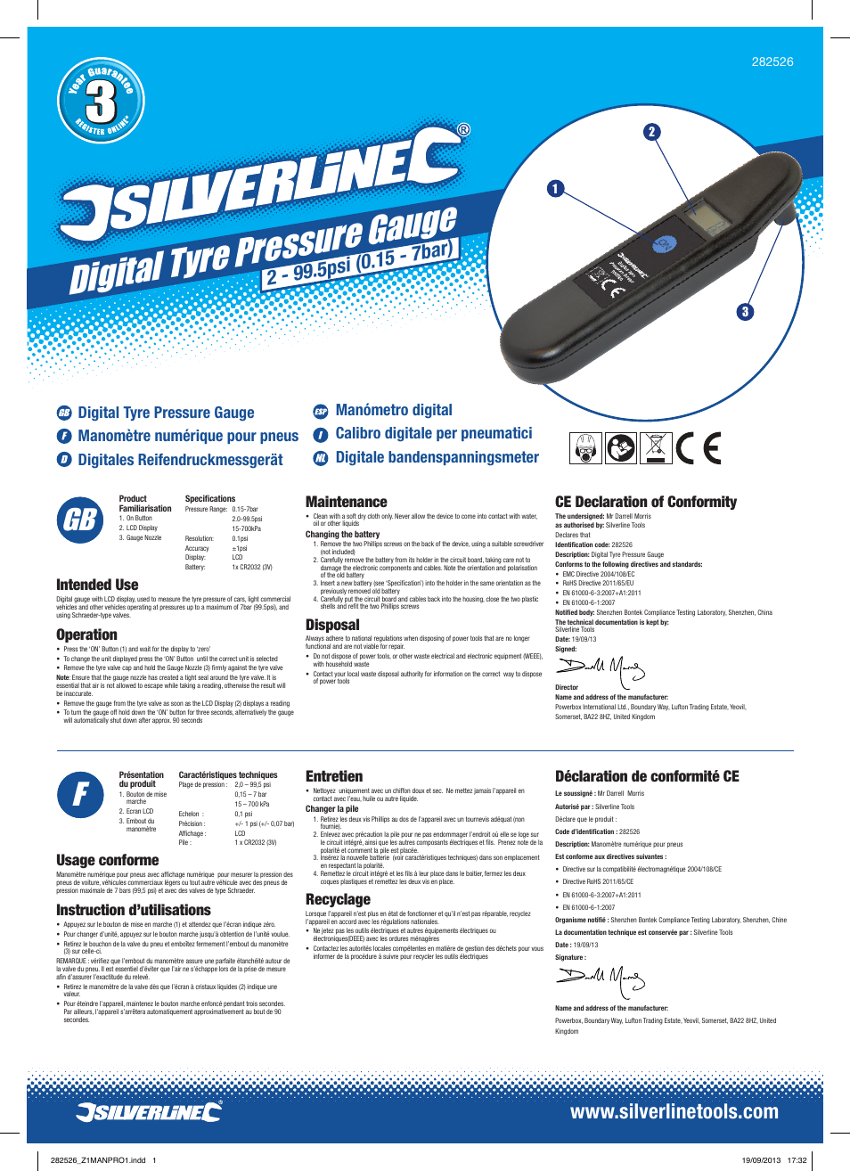 Silverline Digital Tyre Pressure Gauge User Manual | 2 pages