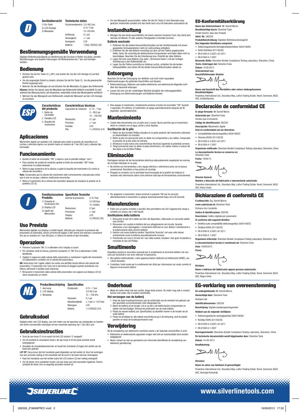 Nl i f, Nl i, Bestimmungsgemäße verwendung | Bedienung, Instandhaltung, Entsorgung, Aplicaciones, Funcionamiento, Uso previsto, Operazione | Silverline Digital Tyre Pressure Gauge User Manual | Page 2 / 2