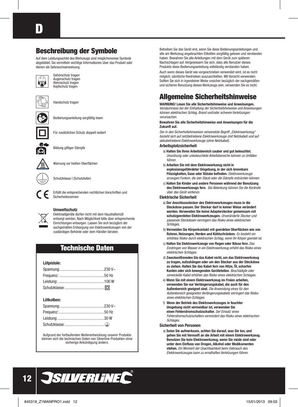 Allgemeine sicherheitshinweise, Beschreibung der symbole, Technische daten | Silverline Electric Soldering Kit 9pce User Manual | Page 13 / 28