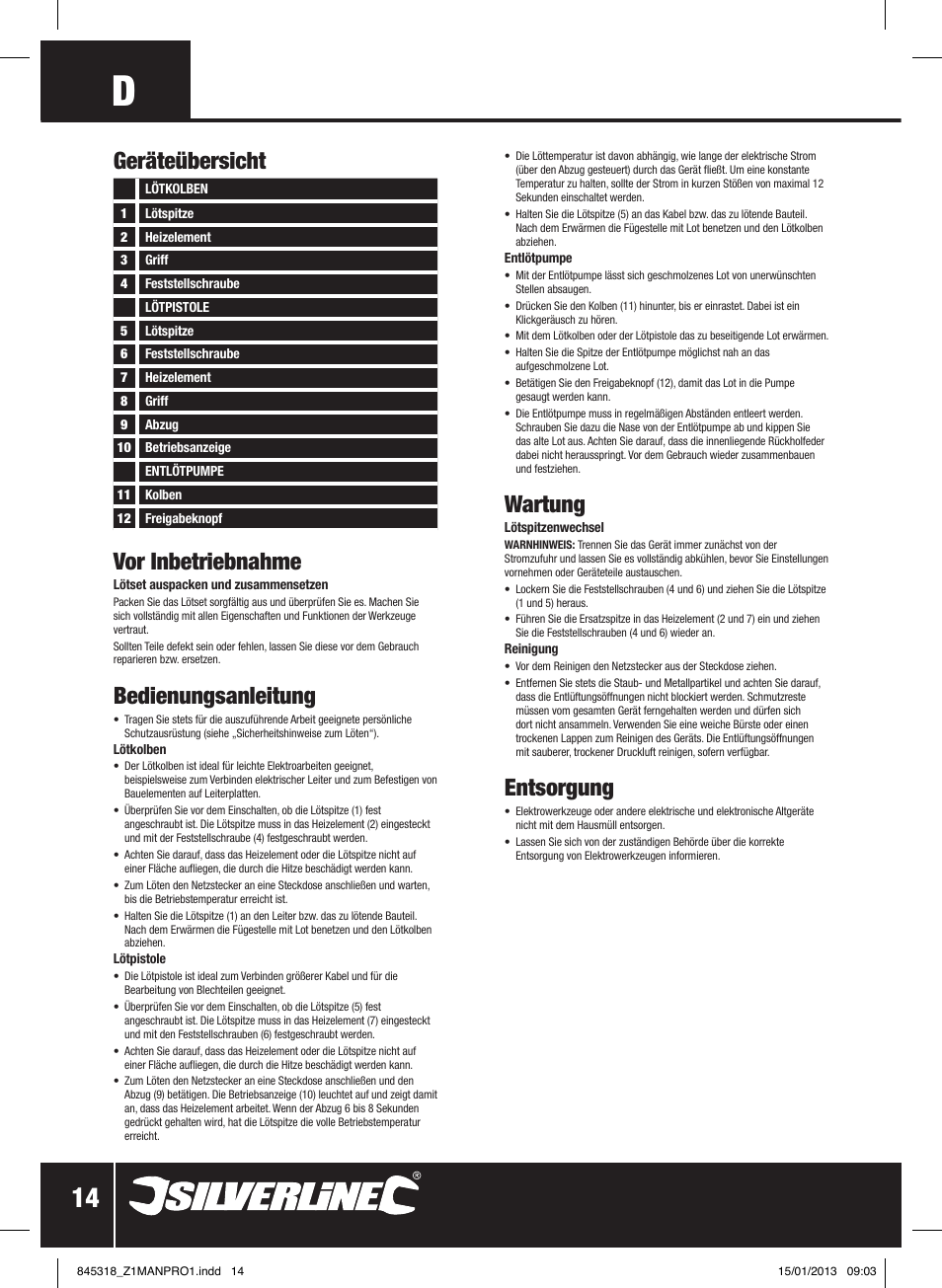 Vor inbetriebnahme, Bedienungsanleitung, Geräteübersicht | Wartung, Entsorgung | Silverline Electric Soldering Kit 9pce User Manual | Page 15 / 28