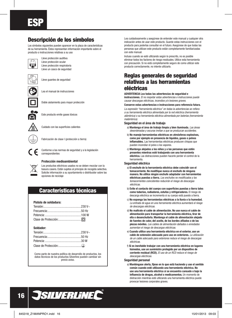 Descripción de los símbolos, Características técnicas | Silverline Electric Soldering Kit 9pce User Manual | Page 17 / 28