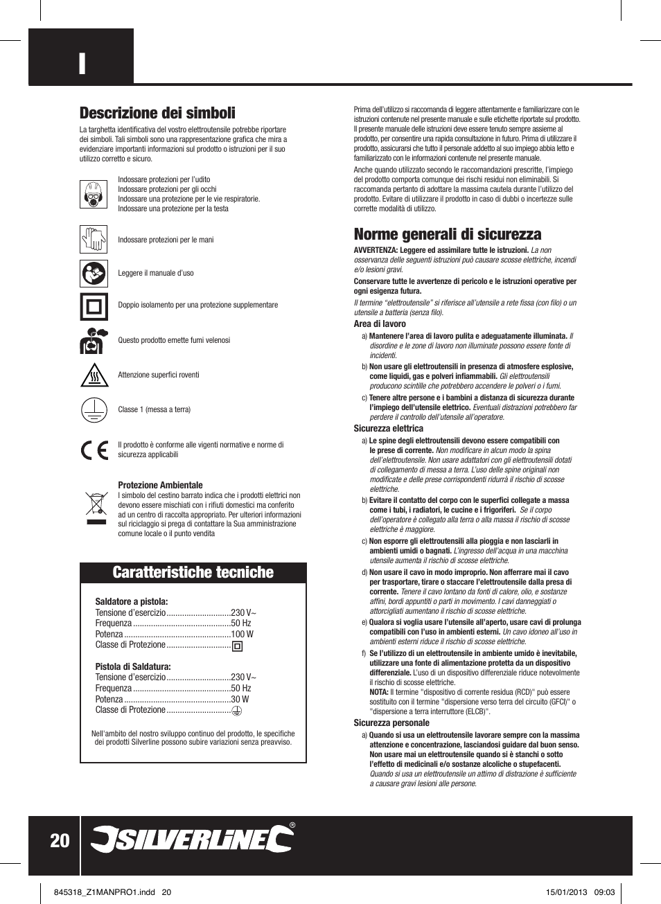 Norme generali di sicurezza, Descrizione dei simboli, Caratteristiche tecniche | Silverline Electric Soldering Kit 9pce User Manual | Page 21 / 28