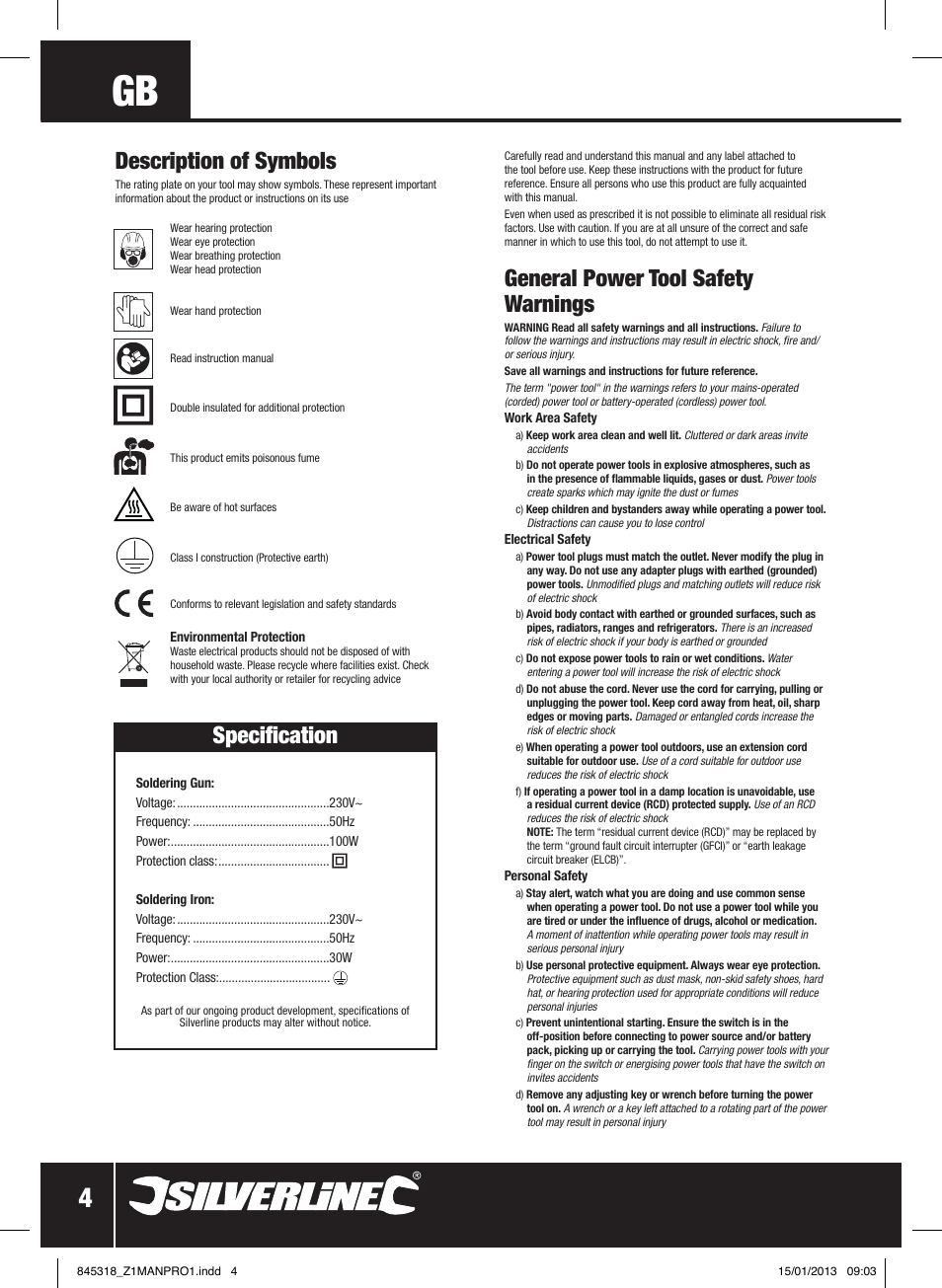 General power tool safety warnings, Description of symbols, Specification | Silverline Electric Soldering Kit 9pce User Manual | Page 5 / 28