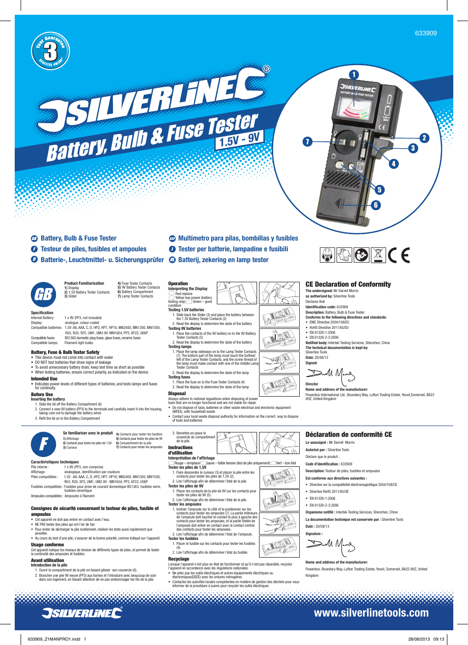 Silverline Battery, Bulb & Fuse Tester User Manual | 2 pages